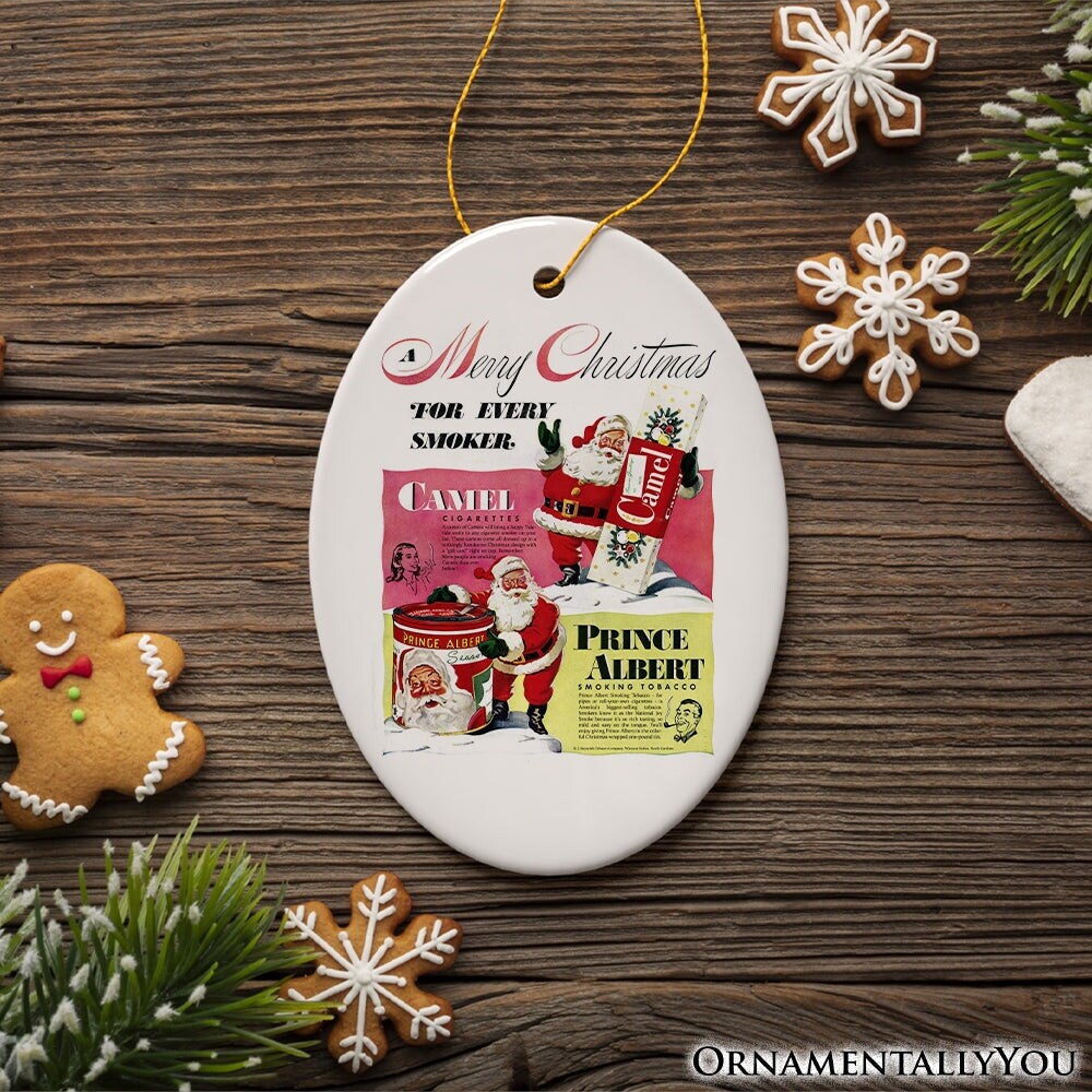 Vintage Christmas Smoking Advertisement Ceramic Ornament, 1940s Camel Cigarette Retro Collectible