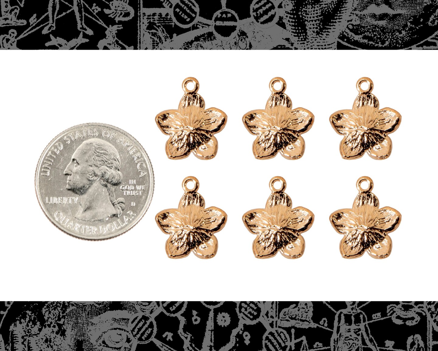Gold Finish and Grey Enamel Flower Charms - Set of Six - XXX - ZG-C55