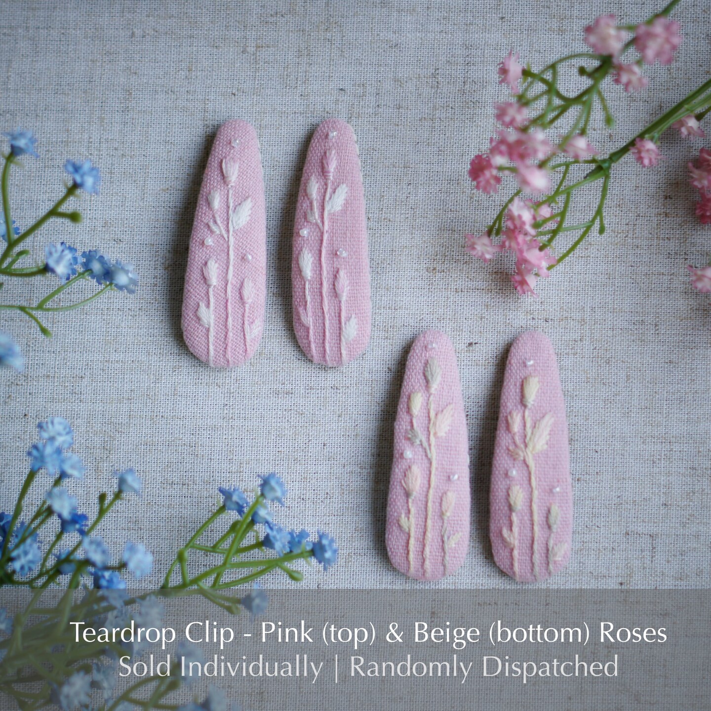 Pink Linen Hair Clips with Delicate Floral Embroidery, Hand