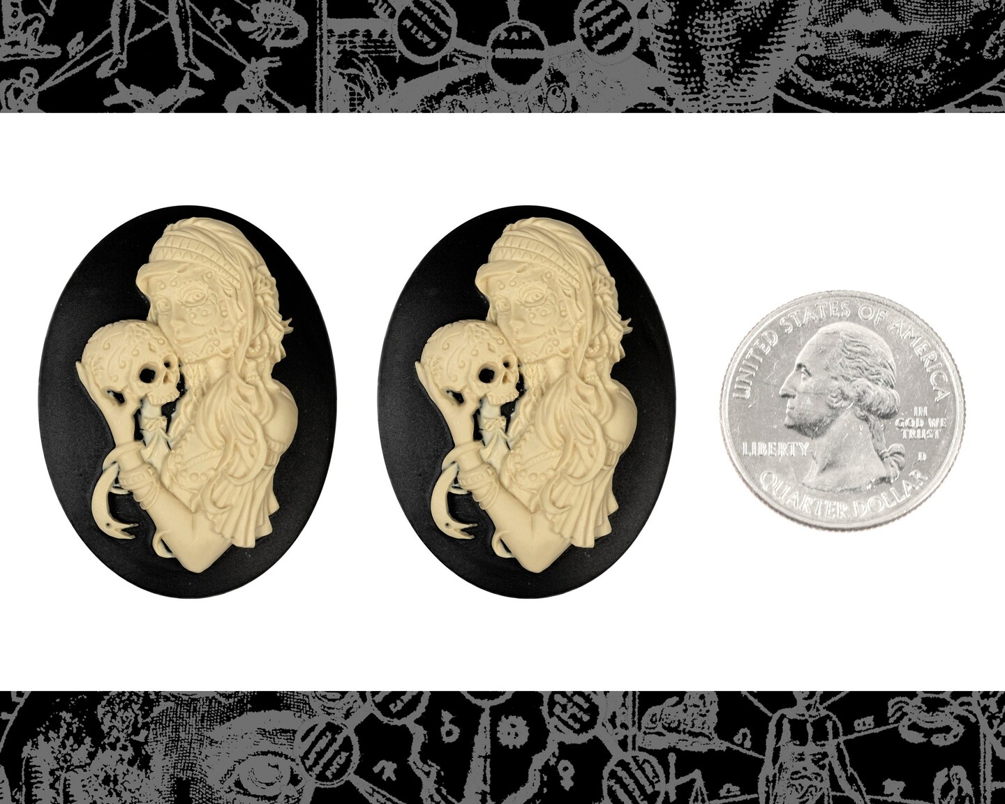 Black and Ivory Tattooed Gypsy with Skull Cameos 30mm x 40mm Cameos - Set of Two  - CAM311