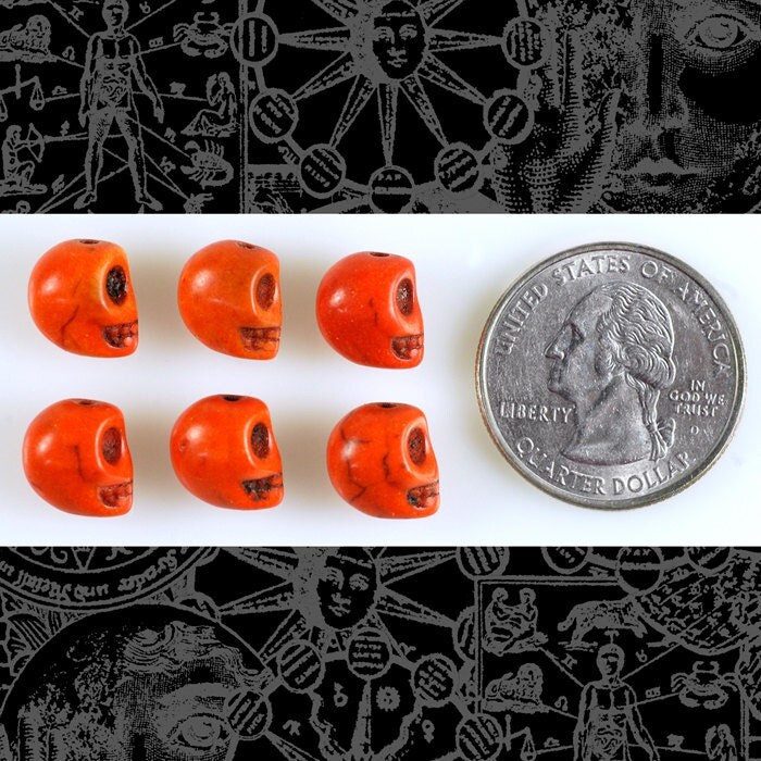 Six Orange 8mm x 10mm Skull Magnesite Beads - Bead-B21