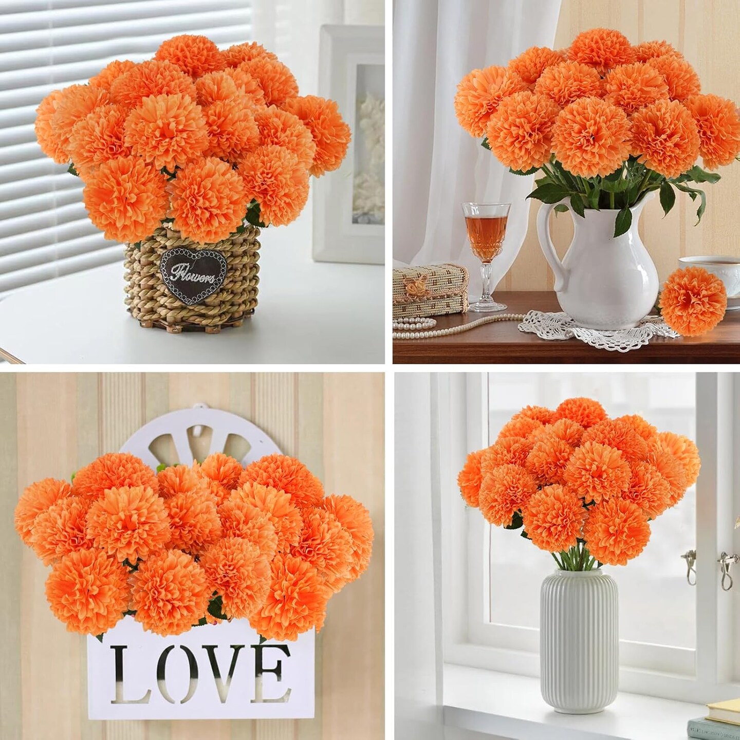 12 Pcs Artificial Chrysanthemums Flowers Ball Flowers, Orange Fake Mums Flowers Silk Fall Flowers