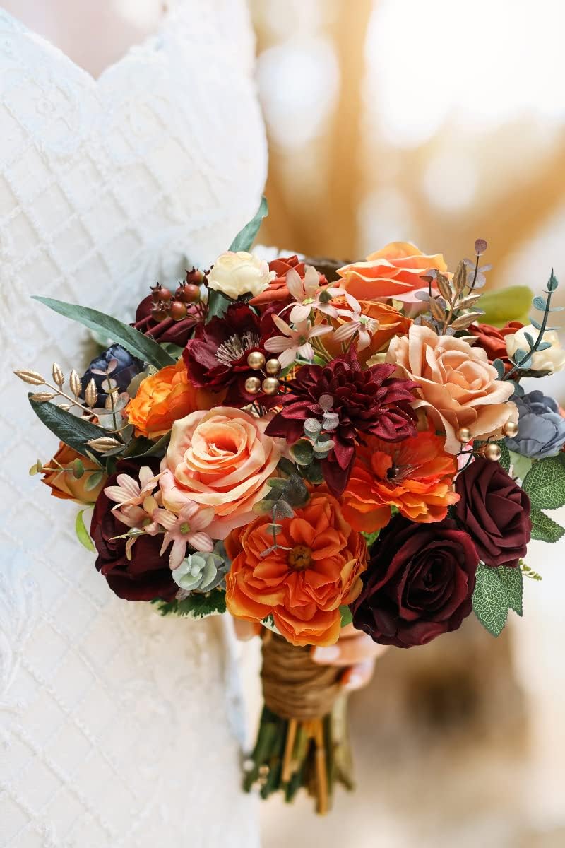 Fall Flowers Artificial Orange Burgundy Silk Flowers Fake Wedding Flowers Combo