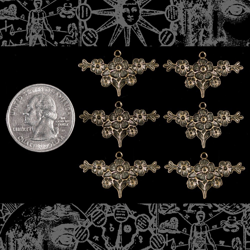 Antiqued Brass Flower Bouquet Charms or Wrap - Set of Six - AB-C208