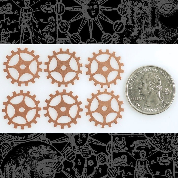 Antiqued Copper Plated Brass Steampunk Open Spoke Faux Gears Wheels Charms 20mm Set of Six - C-G04