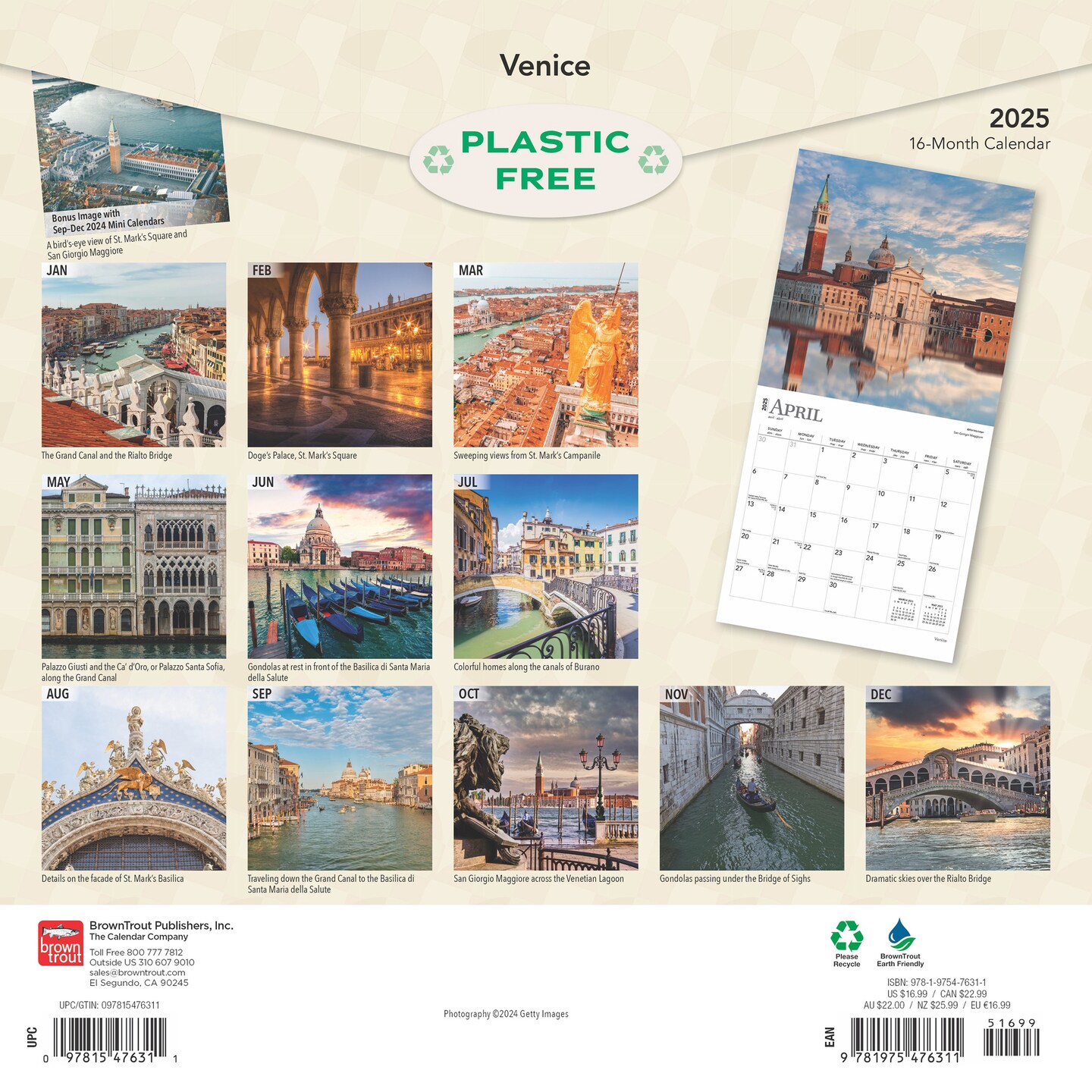 Venice | 2025 12 x 24 Inch Monthly Square Wall Calendar | Plastic-Free | BrownTrout | Travel Europe Italy Gondola
