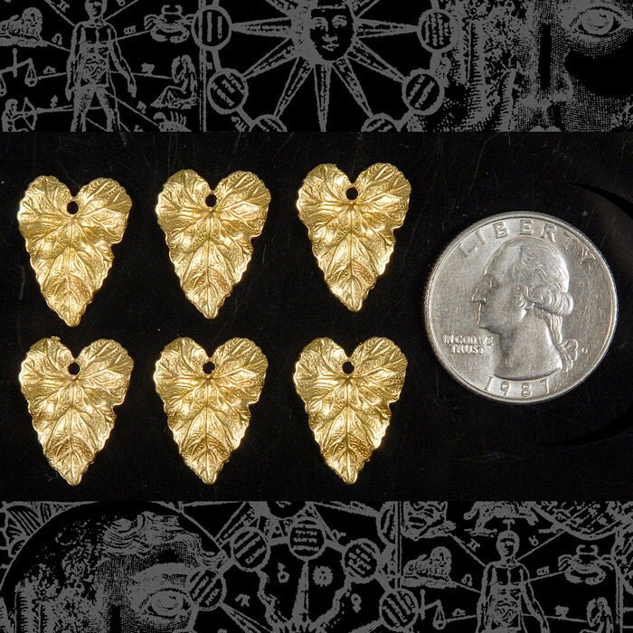 Raw Brass Heart Shaped Leaf Charms - Set of Six - XXX - B-C49