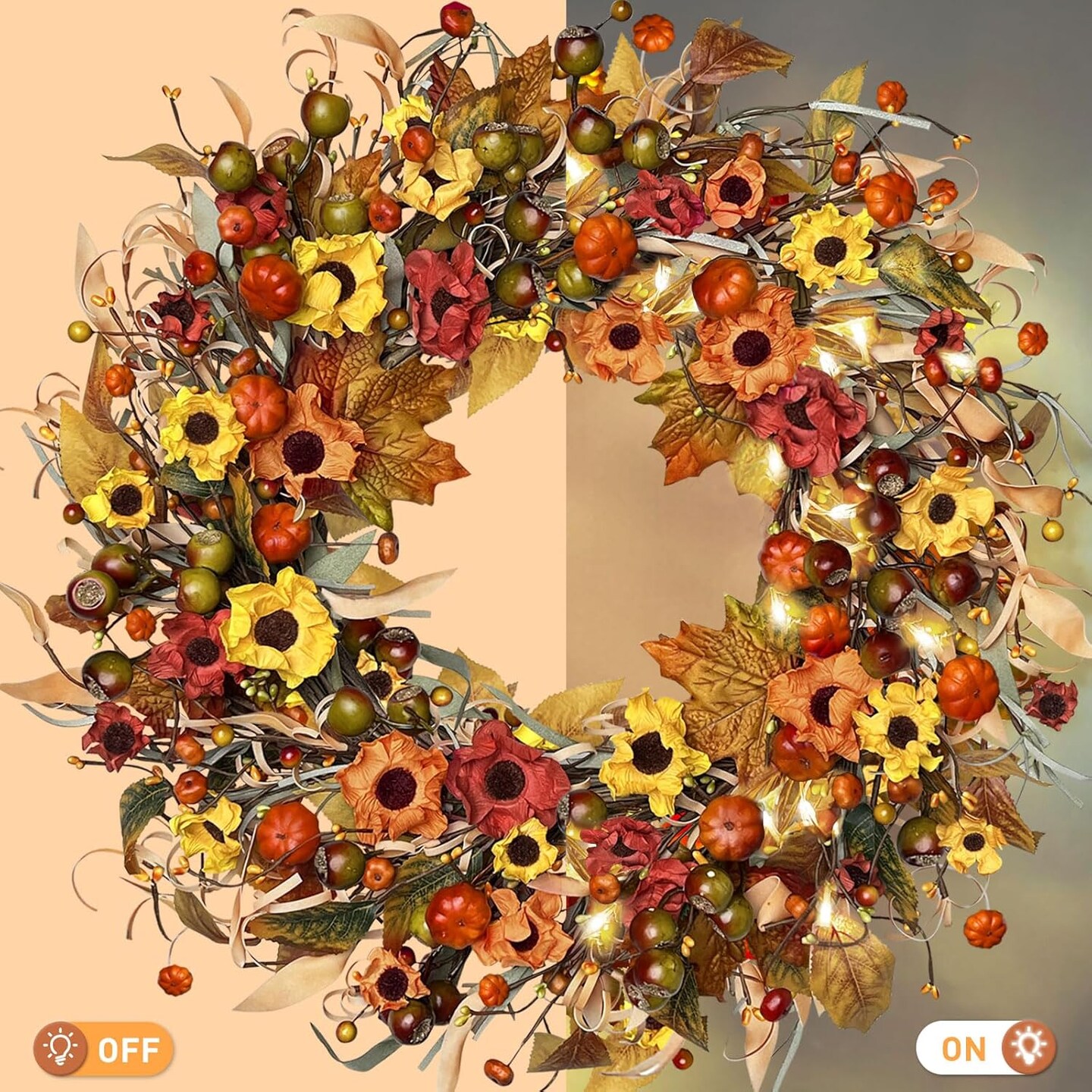Fall Farmhouse Wreath with Berry,Daisies and Pumpkins, Autumn Wreaths for Front Door Outdoor Window Indoor Thanksgiving Halloween Decor