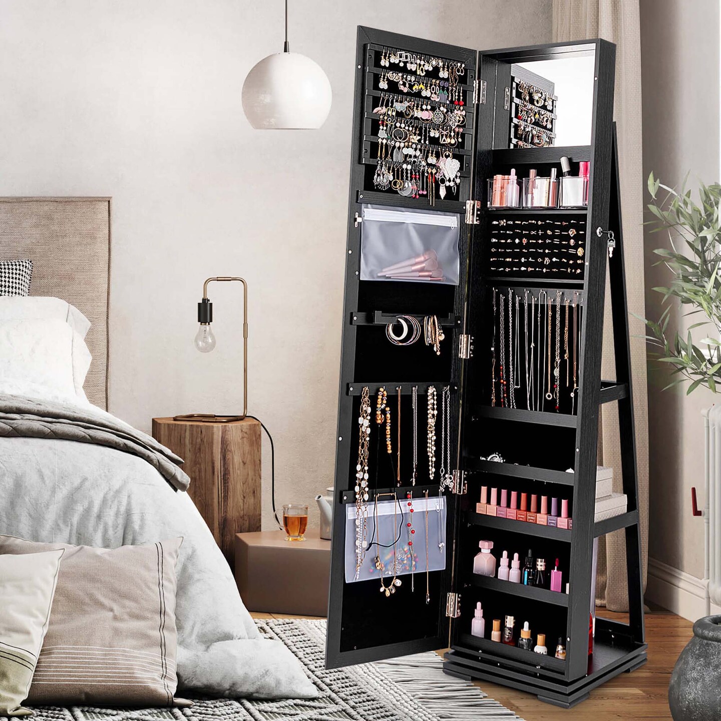 Costway 360degree Rotatable Jewelry Cabinet 2-in-1 Lockable Mirrored Organizer White/Black/Dark Brown/Gray/Blue/Pink/Purple/Dark Gray
