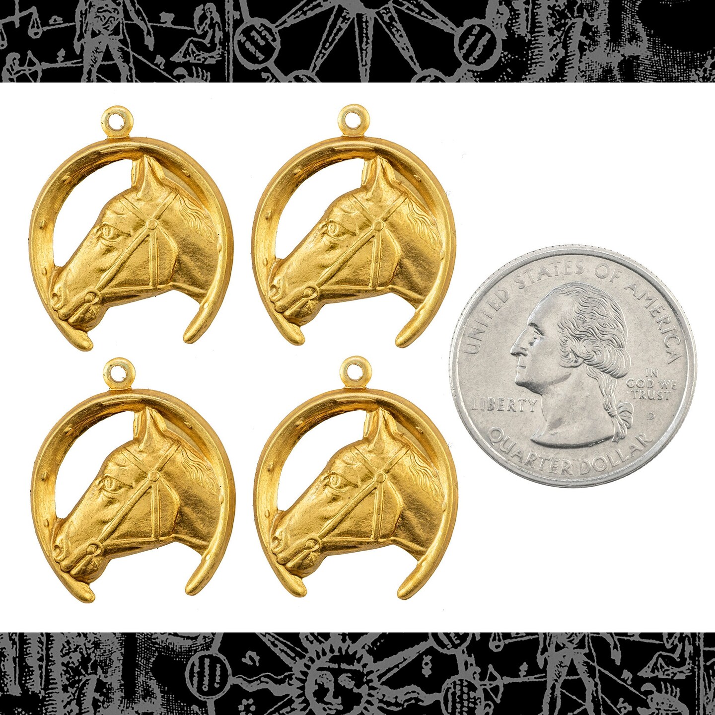Raw Brass Horse Head in Horseshoe Charms - Set of Four - B-C217