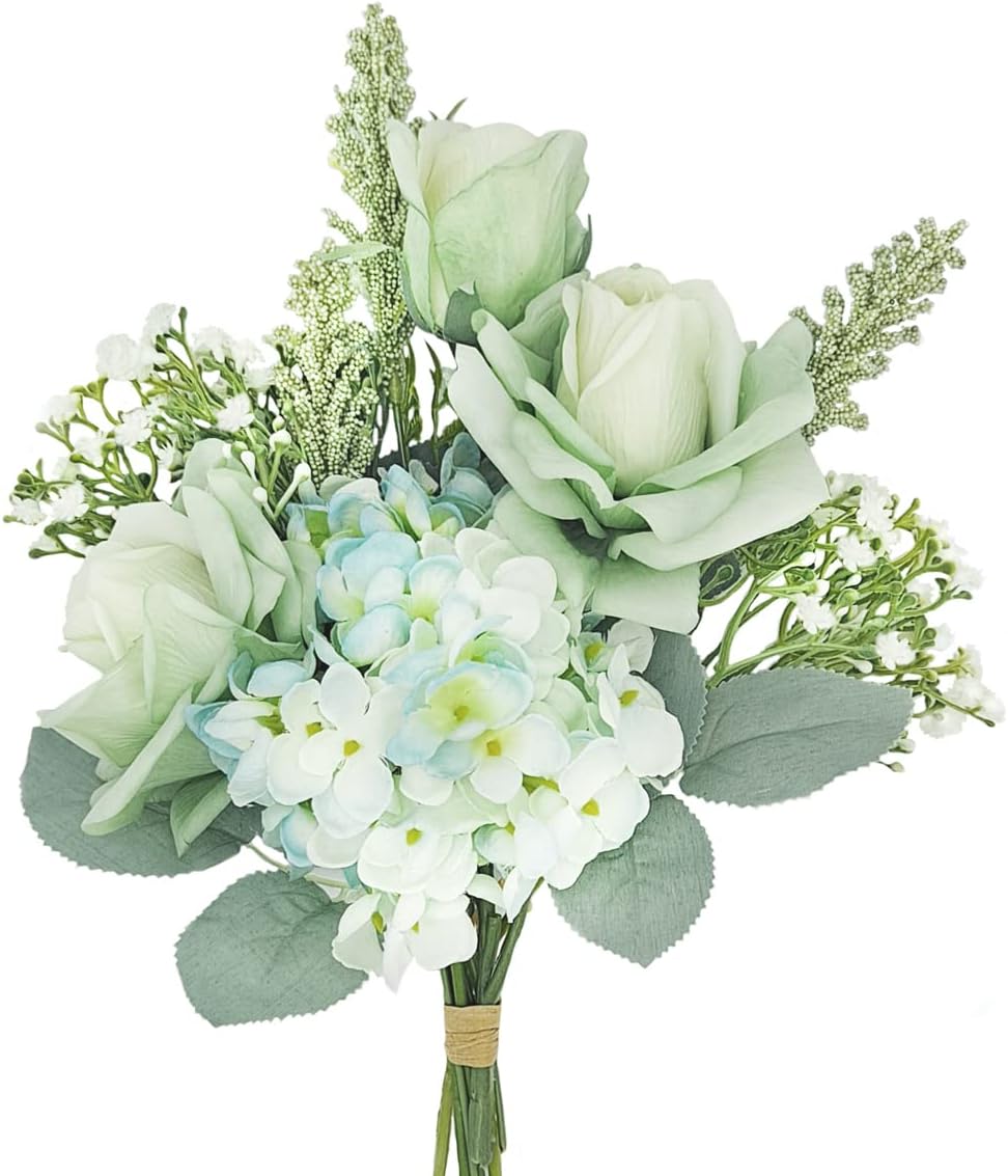 Artificial Fake Flowers Faux Silk Flower Table Arrangements Bouquets with Roses Hydrangeas (Green)