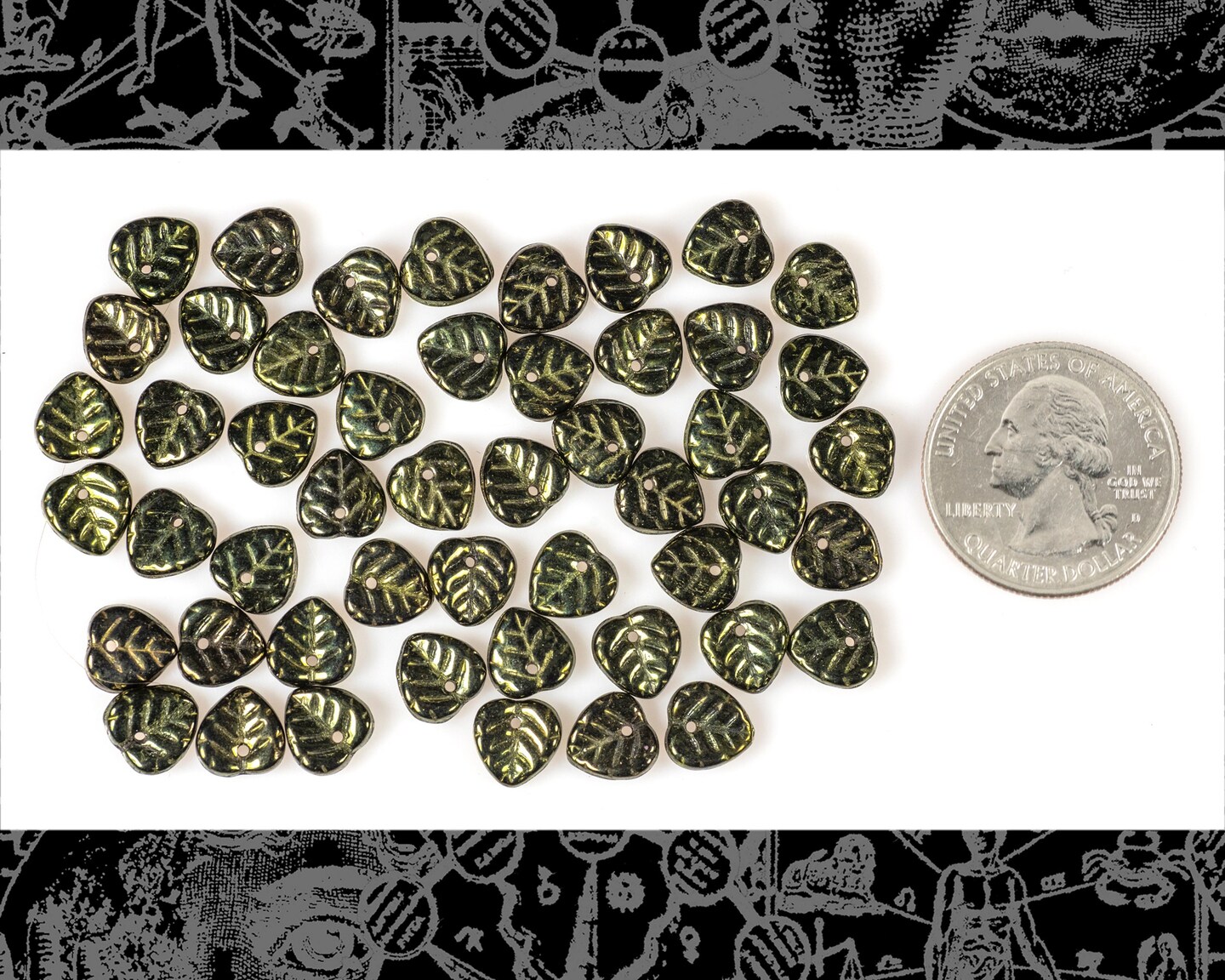 10mm Dark Metallic Olive Green Heart Leaf Beads - One Strand with Apx 50 beads - GB-LB1