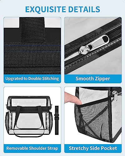 Clear Bag for Stadium Events 12x6x12, Large Clear Tote Lunch Bag Stadium Approved with Reinforced Shoulder Straps for Concert Outfits and Festival, Transparent Handbag for Women - Black