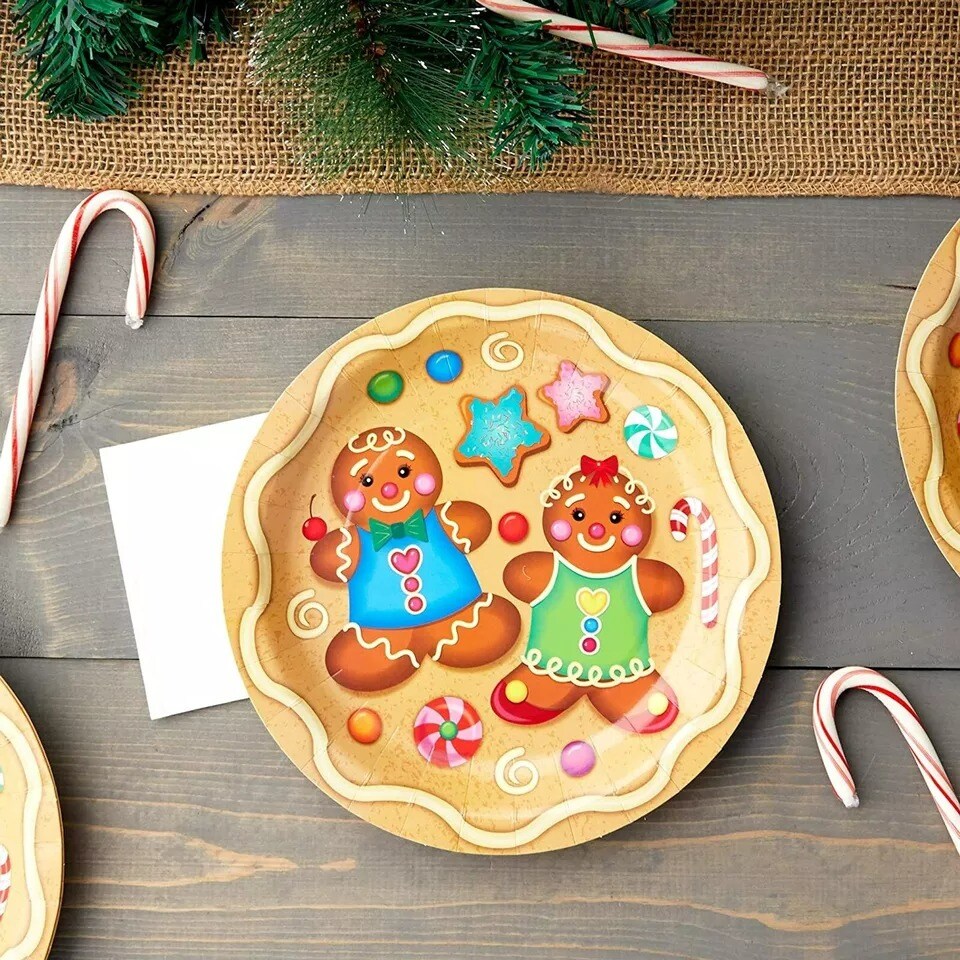 80x Christmas Paper Plate Disposable for Holiday Party Gingerbread Dinnerware 9&#x201D;
