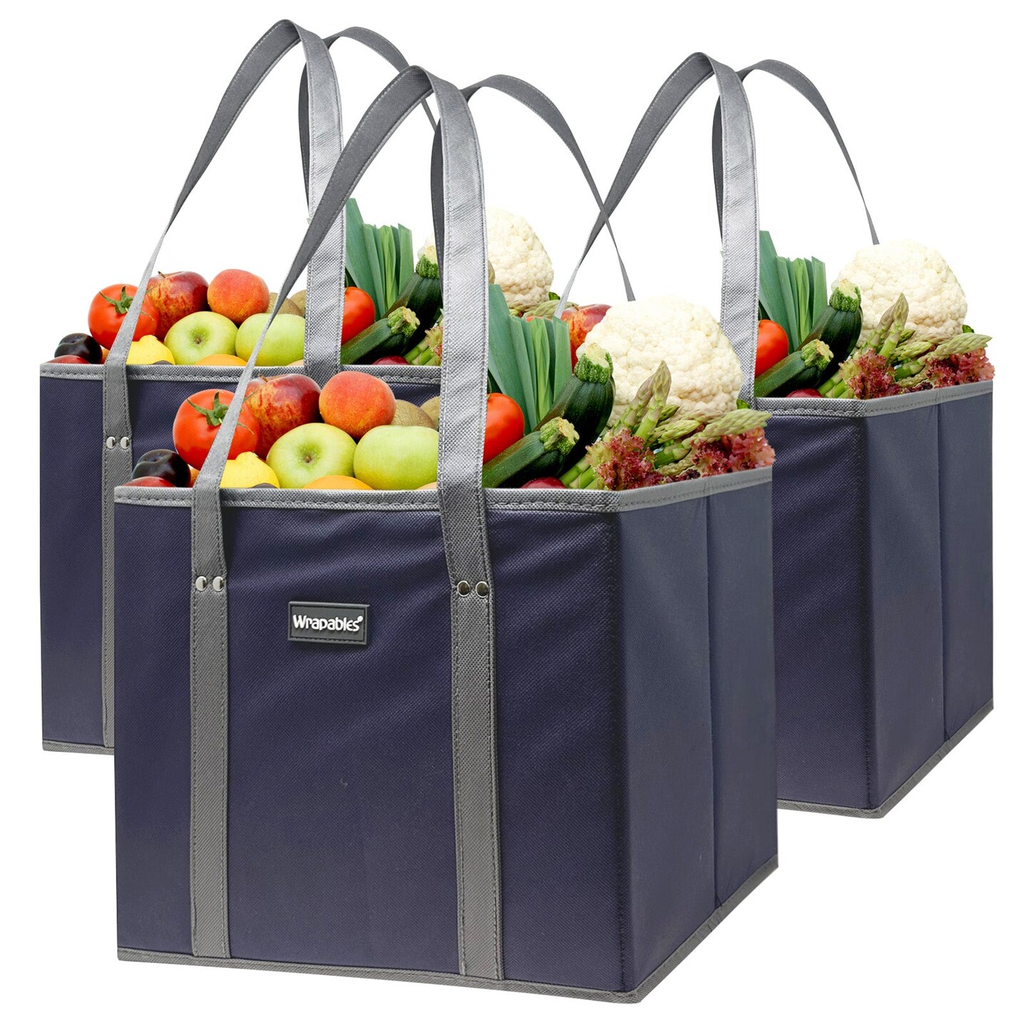 Wrapables 3Pk Reusable Grocery Bags, Heavy Duty Large Foldable Storage Shopping Totes with Reinforced Handles, Navy