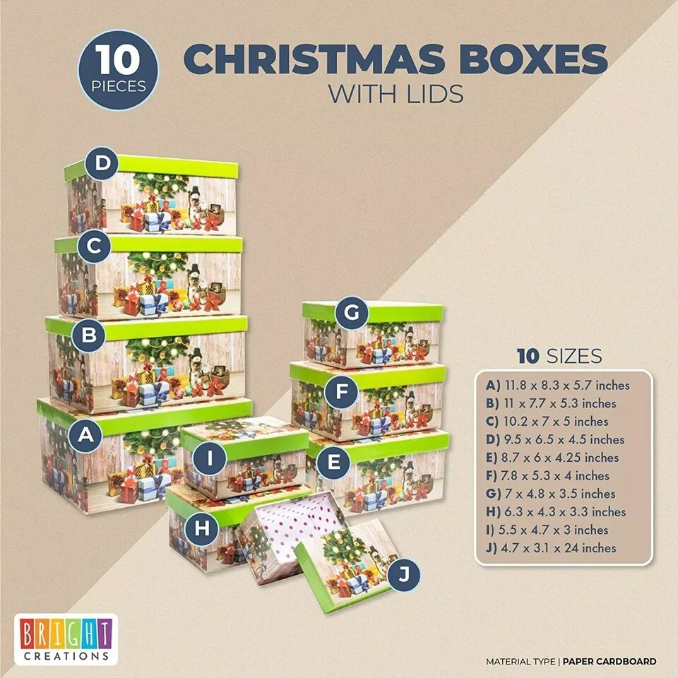 10 Pack Nesting Christmas Gift Boxes with Green Lids for Presents in 10 Sizes