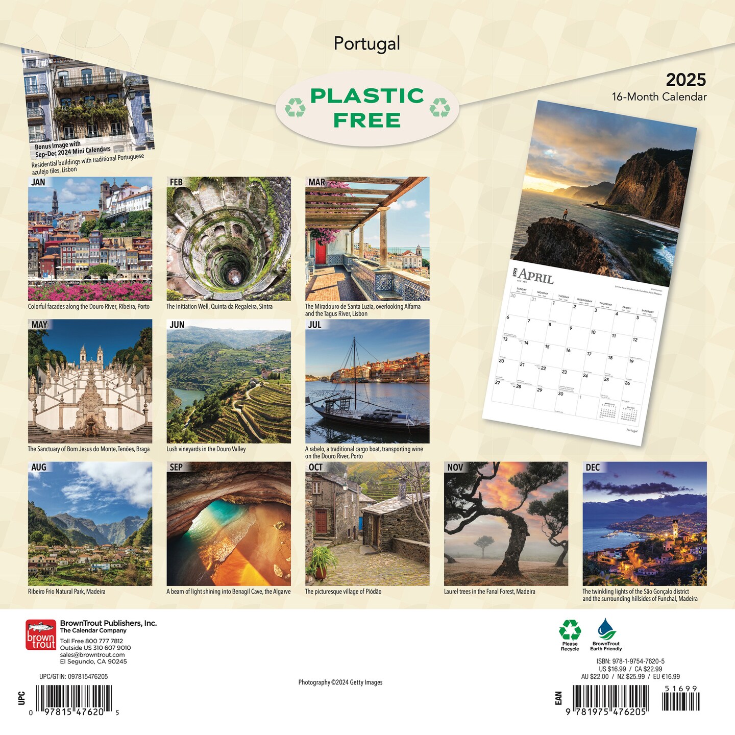 Portugal | 2025 12 x 24 Inch Monthly Square Wall Calendar | Plastic-Free | BrownTrout | Travel Europe Lisbon Atlantic