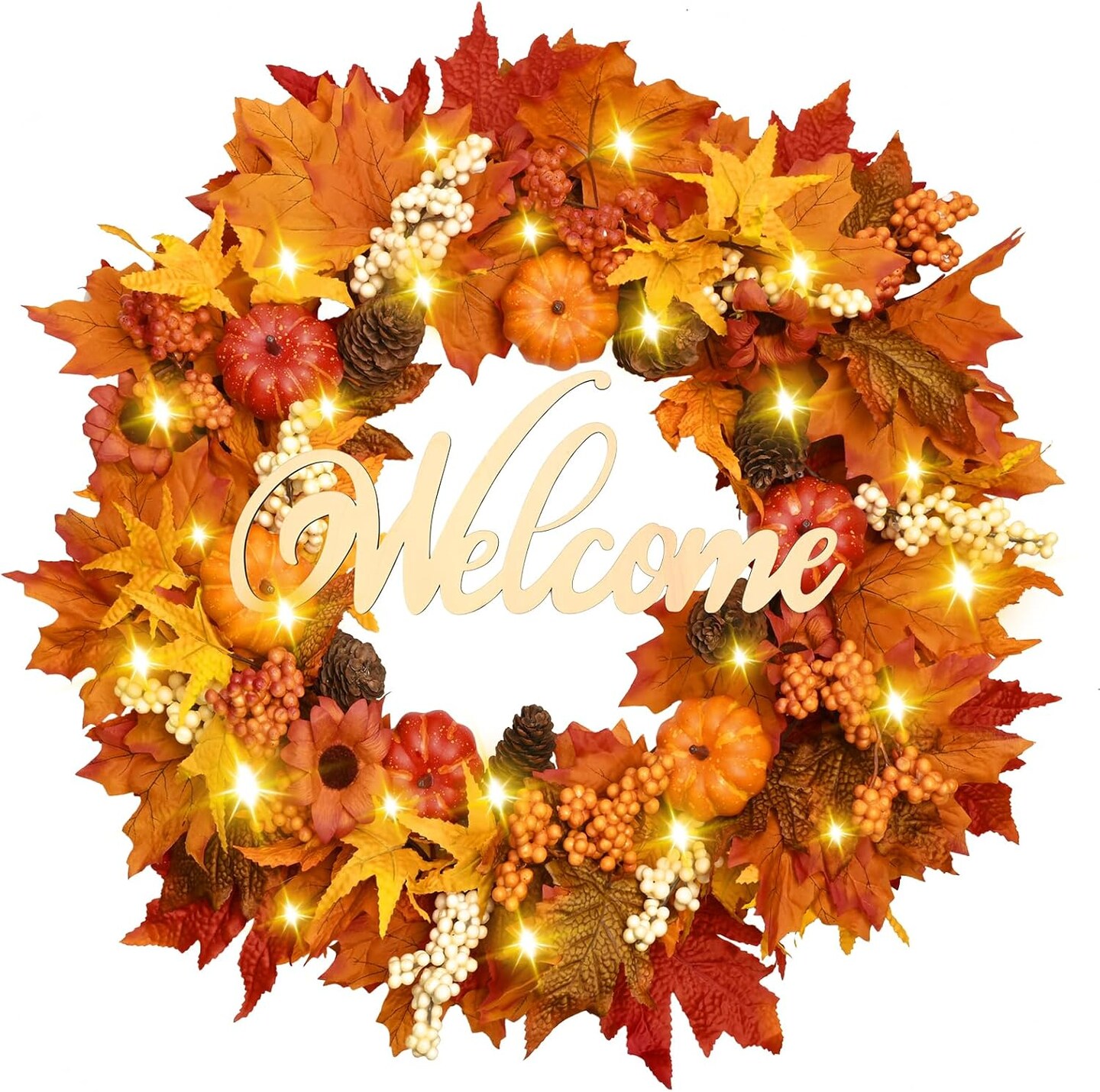 Fall Wreaths for Front Door, 20&#x27;&#x27; Autumn Fall Wreath with Lights and Welcome