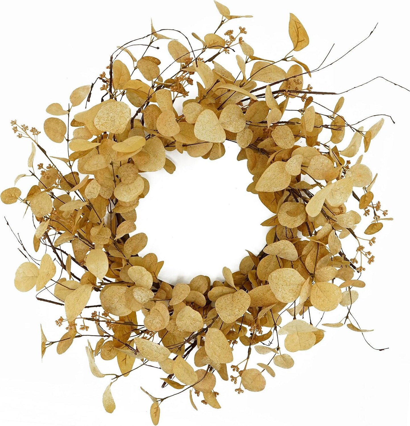 Artificial Fall Eucalyptus Wreath for Front Door with Beige Eucalyptus Leaves,Dry Vine Branches
