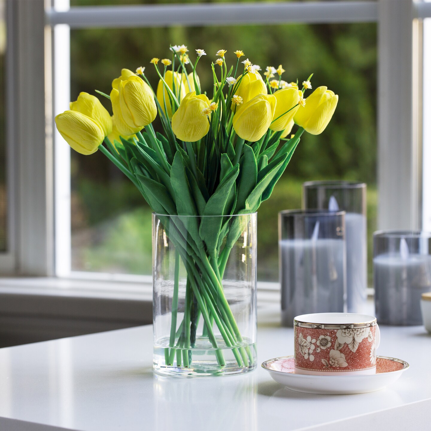 18 Heads Artificial Tulips Flowers Real Touch in Vase, Artificial
