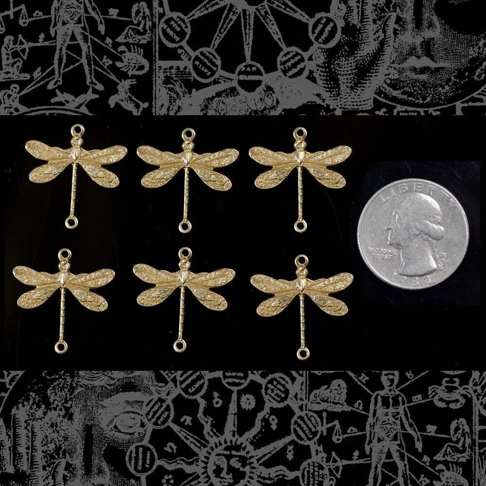 Raw Brass Medium Ornate Dragonfly Two Ring Connectors - Set of Six - B-2C13