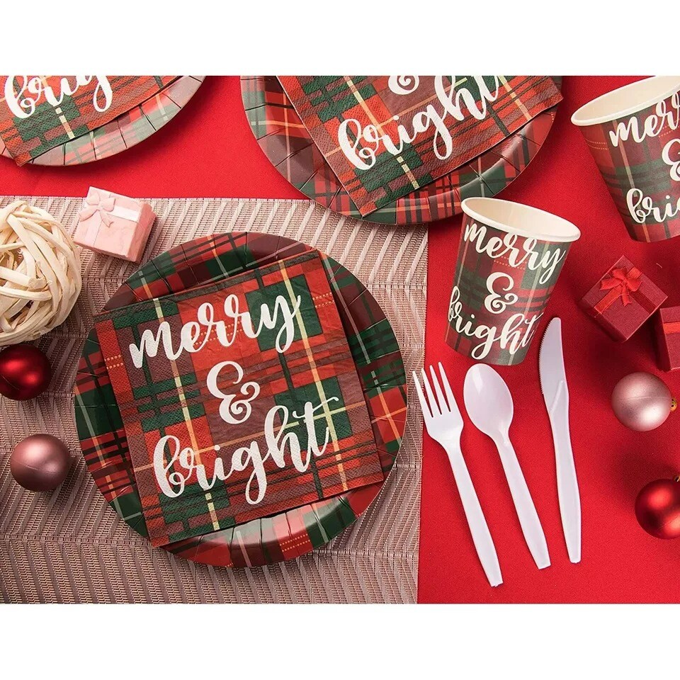 100 Pk Merry and Bright Paper Napkins, Plaid Christmas Party Supplies, 6.5x6.5"