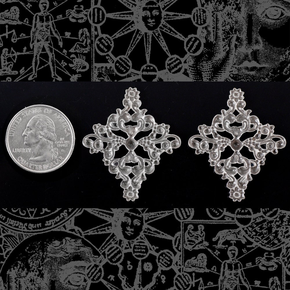 Antiqued Silver Plated Brass Large Floral Ornate Diamond Filigrees for Cameo Setting - Set of Two - S-W30
