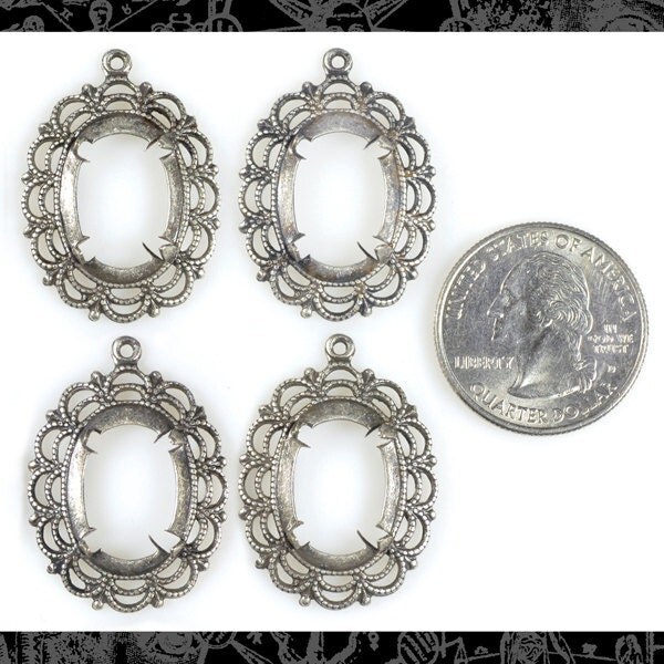 Lacy Antiqued Silver Plated Brass Cameo Frames for 13mm x 18mm - Set of Four - S-F09