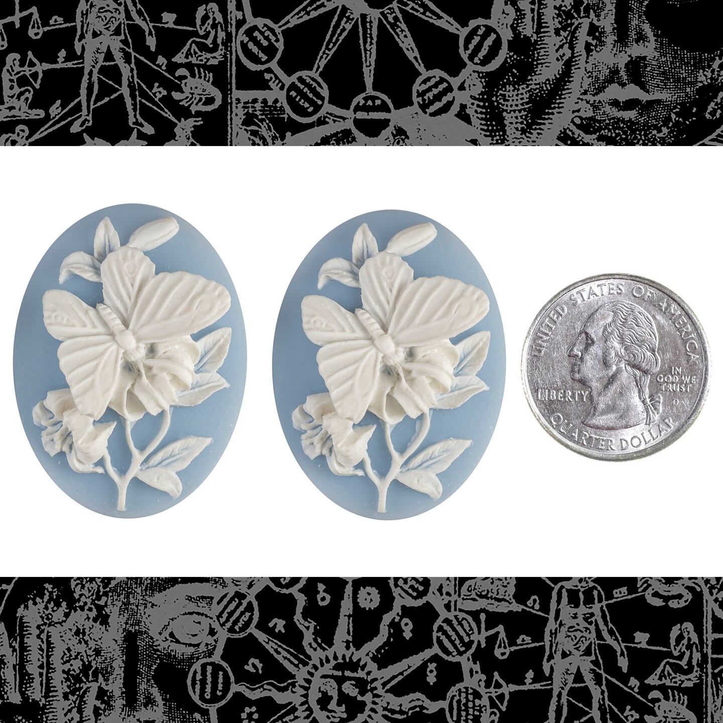 Blue and White Butterfly and Flower Cameos 30mm x 40mm Cameos- Set of Two - CAM178