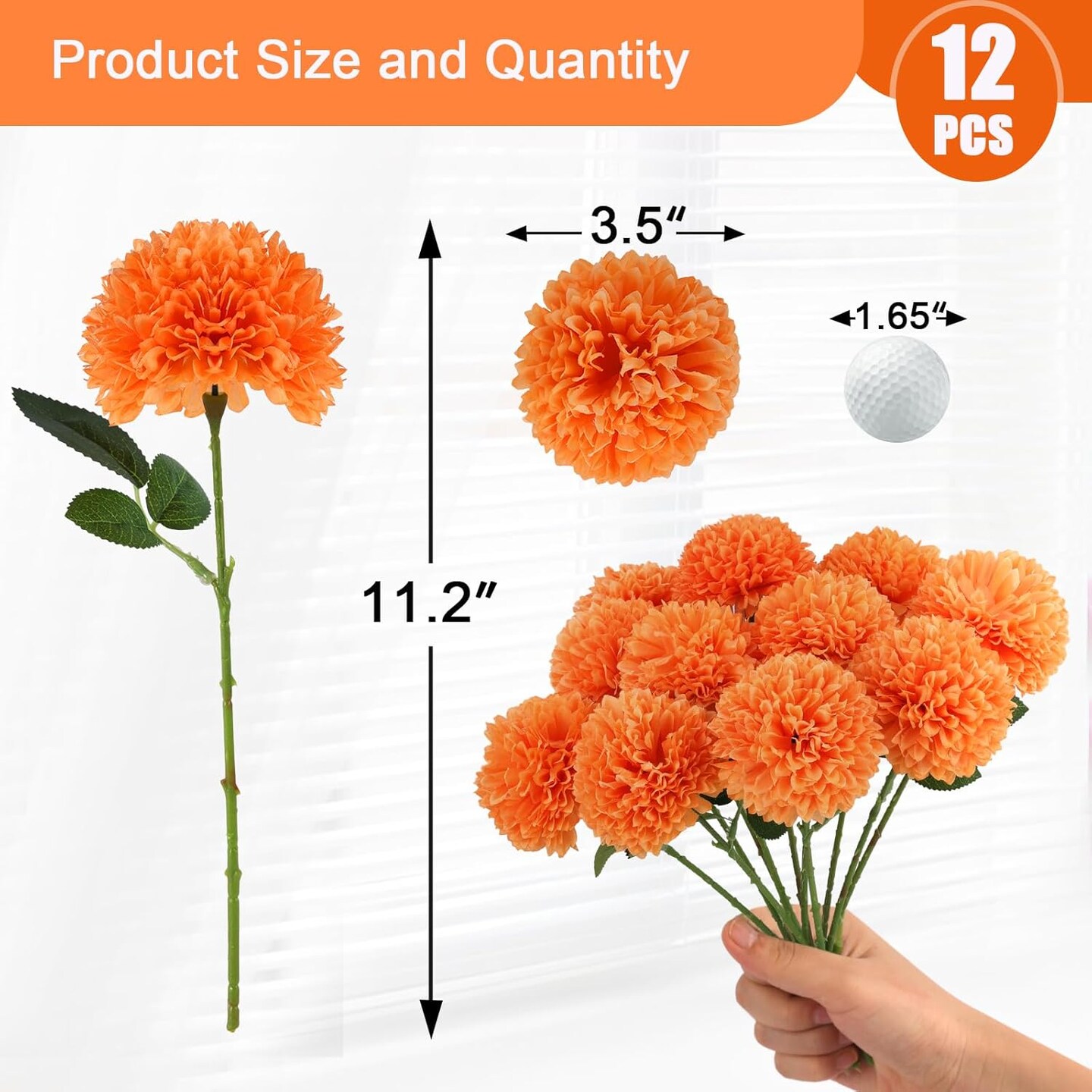 12 Pcs Artificial Chrysanthemums Flowers Ball Flowers, Orange Fake Mums Flowers Silk Fall Flowers