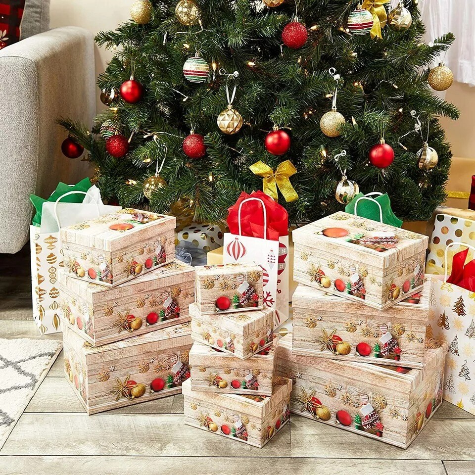 10 Pk Nesting Christmas Gift Boxes with Lids for Presents in 10 Sizes