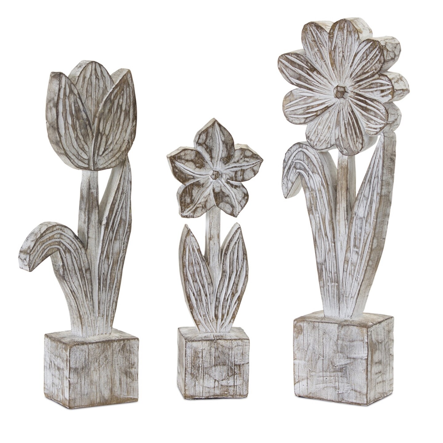 Melrose Distressed Stone Flowers Ornamental Accents - 14.25&#x22; - Set of 3