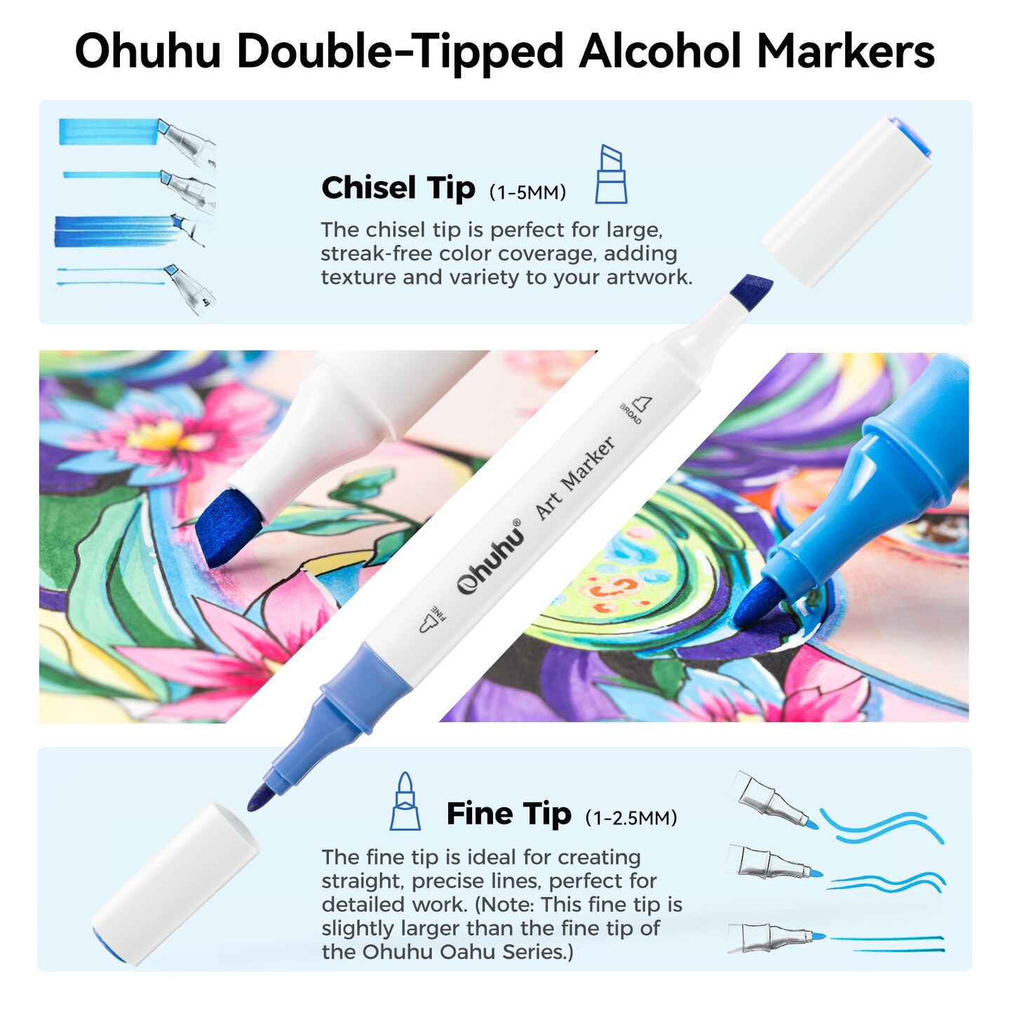 Ohuhu Markers, 48-color Double Tipped Alcohol Markers, Chisel &#x26; Fine Alcohol-based Art Marker Set for Adults Coloring Illustration, Great Value Pack for Students&#x27; Art Class, Better Designed Grip