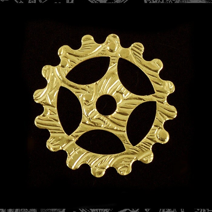 Raw Brass  16mm Floral Patterned Etched Steampunk Spoked Wheels Gears Charms - Set of Twelve - B-PG07