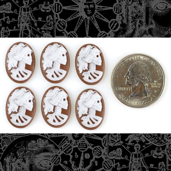 Bright Brown and White Skeletal Profile 13mm x 18mm Resin Cameos - Set of Six - CAM32