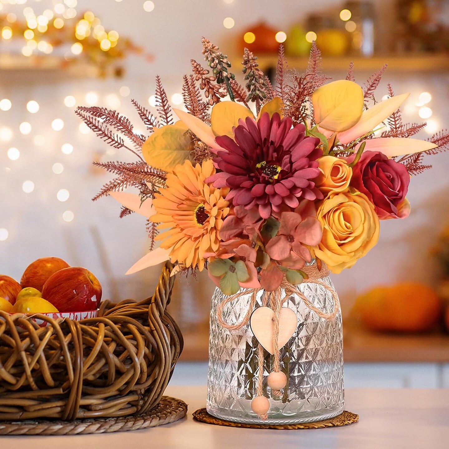 Fake Flowers in Vase, Artificial Dahlia Flowers with Vase, Silk Fall Flowers in Vase Fall Decor Fall Decorations for Home Centerpieces Thanksgiving Party Table Rustic Wedding