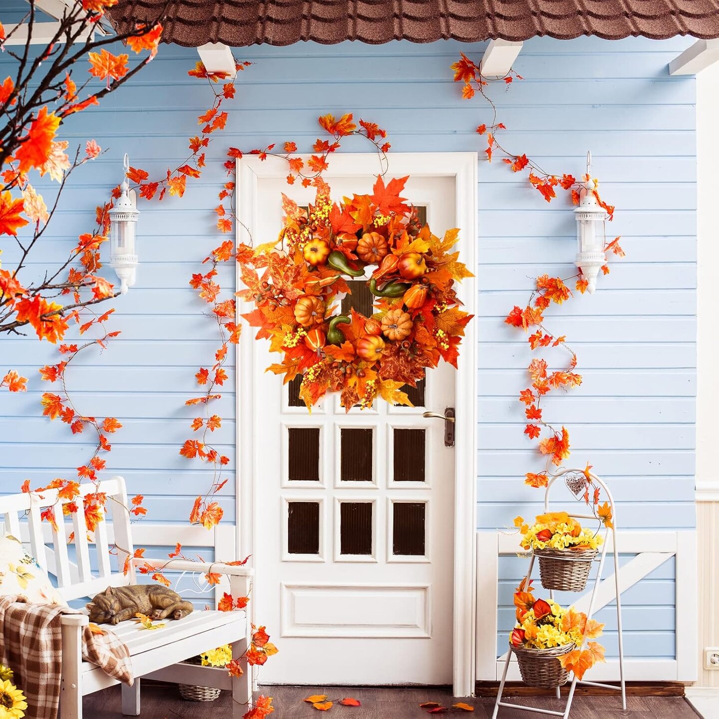 Large Autumn Farmhouse Wreath for Thanksgiving Halloween Decorations Indoor Outdoor Home Decor
