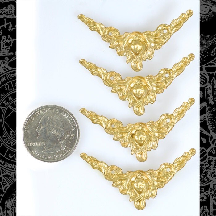 Raw Brass Woman with Flowing Hair Vintage Art Deco Corners or Connectors - Set of Four - B-2C54