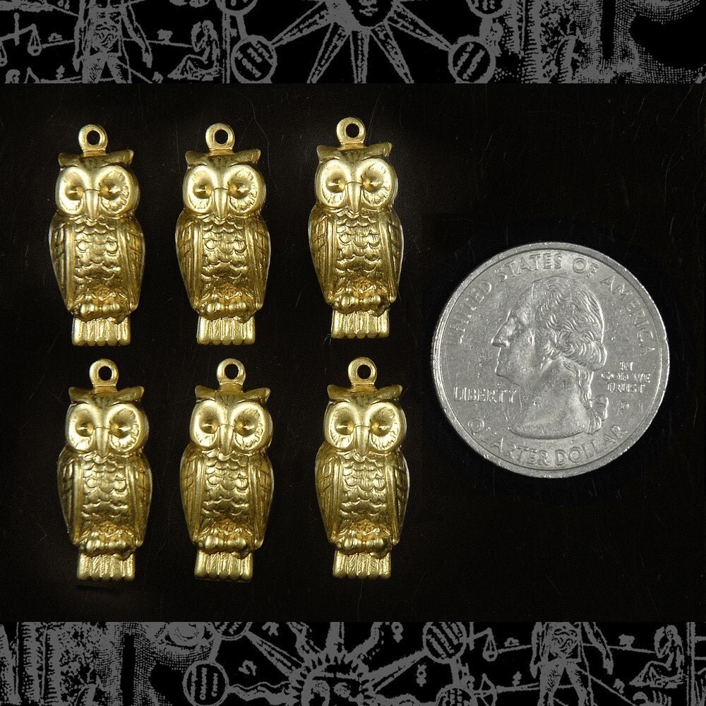 Raw Brass Owl Charms - Set of Six - B-C24