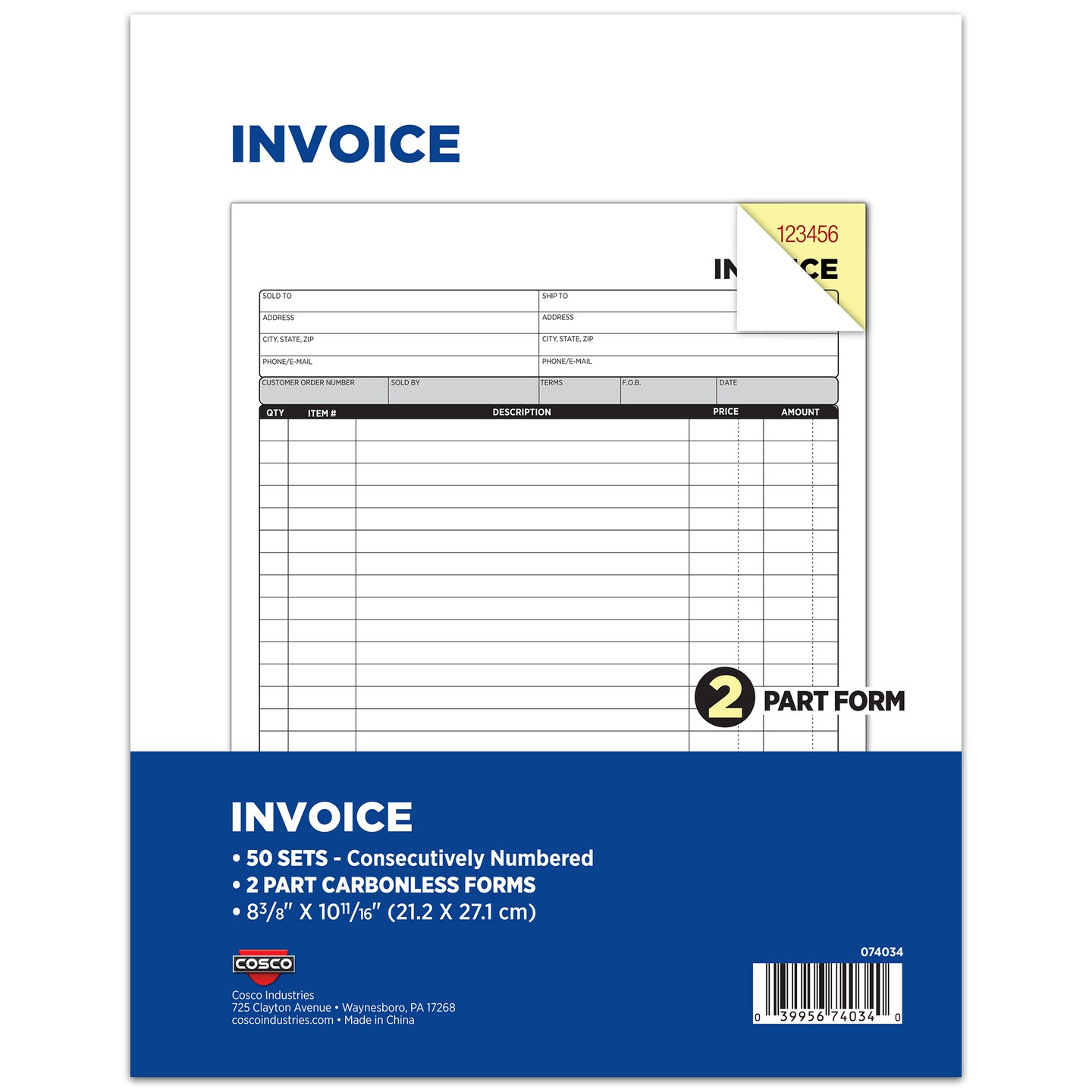 COSCO 2-Part Carbonless Invoice Book with Wrap-Around Cover, Consecutive Numbering, White/Canary, 50 Sets per Book