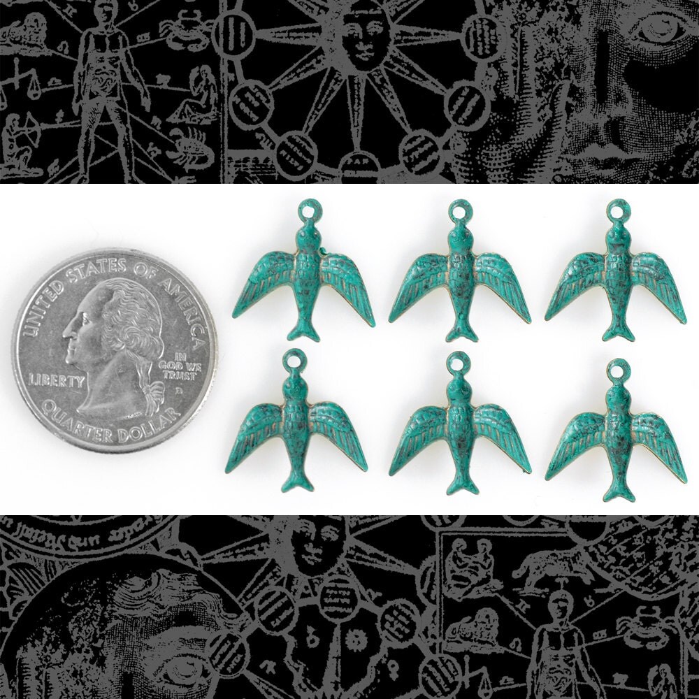 Verdigris Finished Brass Flying Bird Charms - Set of Six - V-C08