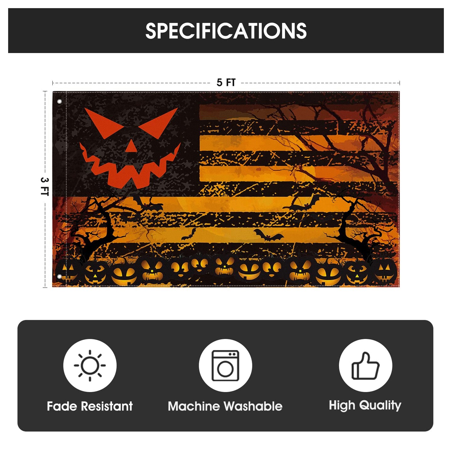 Stripes Halloween Flag 3x5 FT Double Sided, Jack O Lantern Large House Flag Party Yard Outdoor Decoration