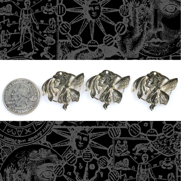 Antiqued Silver Plated Brass Vintage Brownie Fairy Pendants or Charms - Set of Three - S-C84