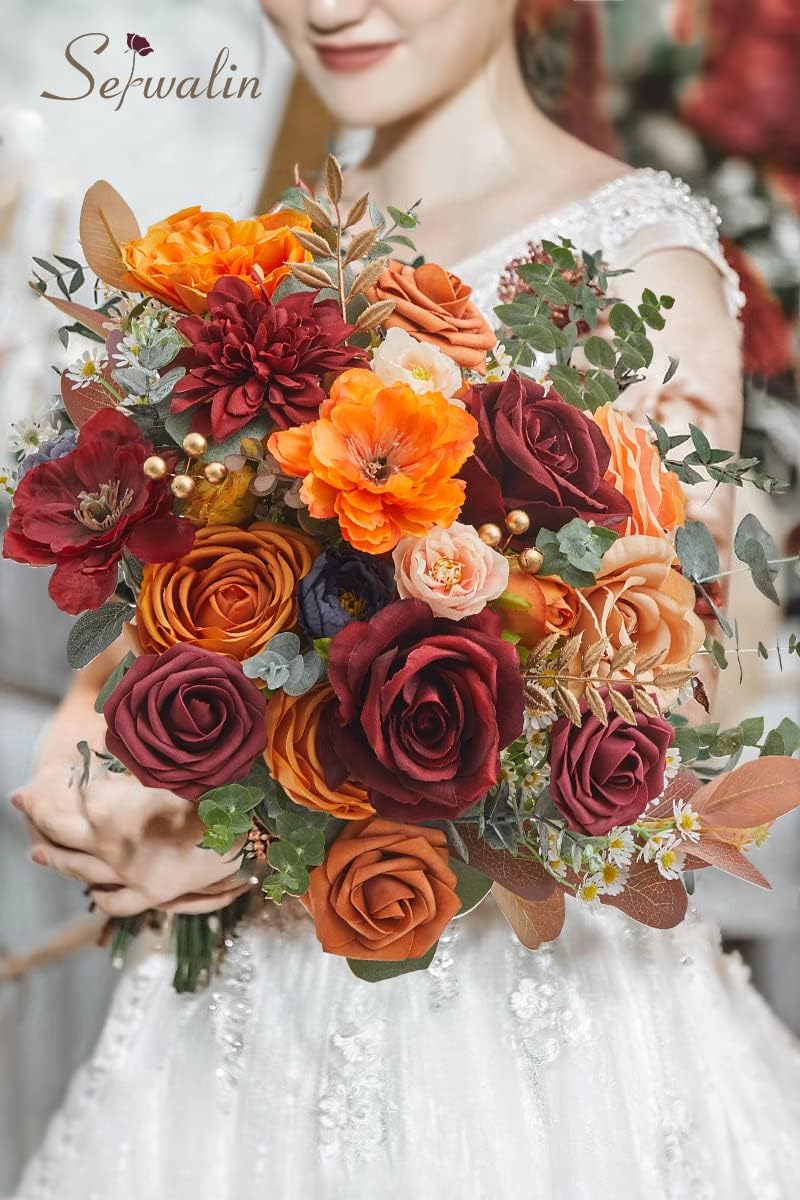 Fall Flowers Artificial Orange Burgundy Silk Flowers Fake Wedding Flowers Combo