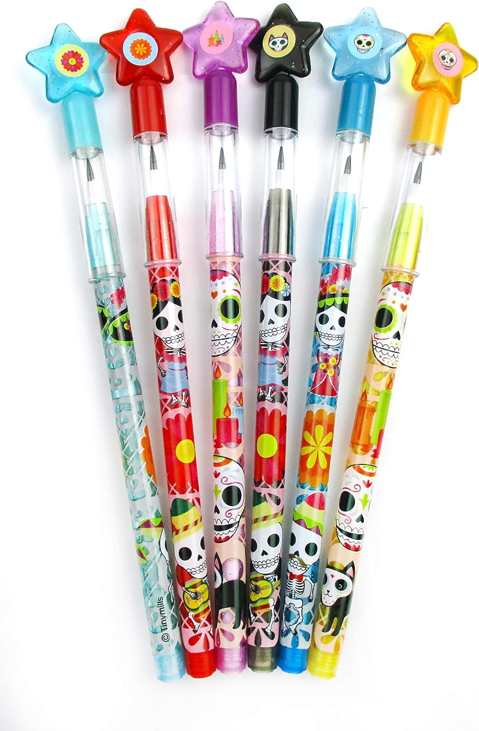 TINYMILLS 24 Pcs Day of the Dead Halloween Multi Point Stackable Pencil with Eraser for Halloween Party Favor Prize Carnival Goodie Bag Stuffers Pinata Fillers