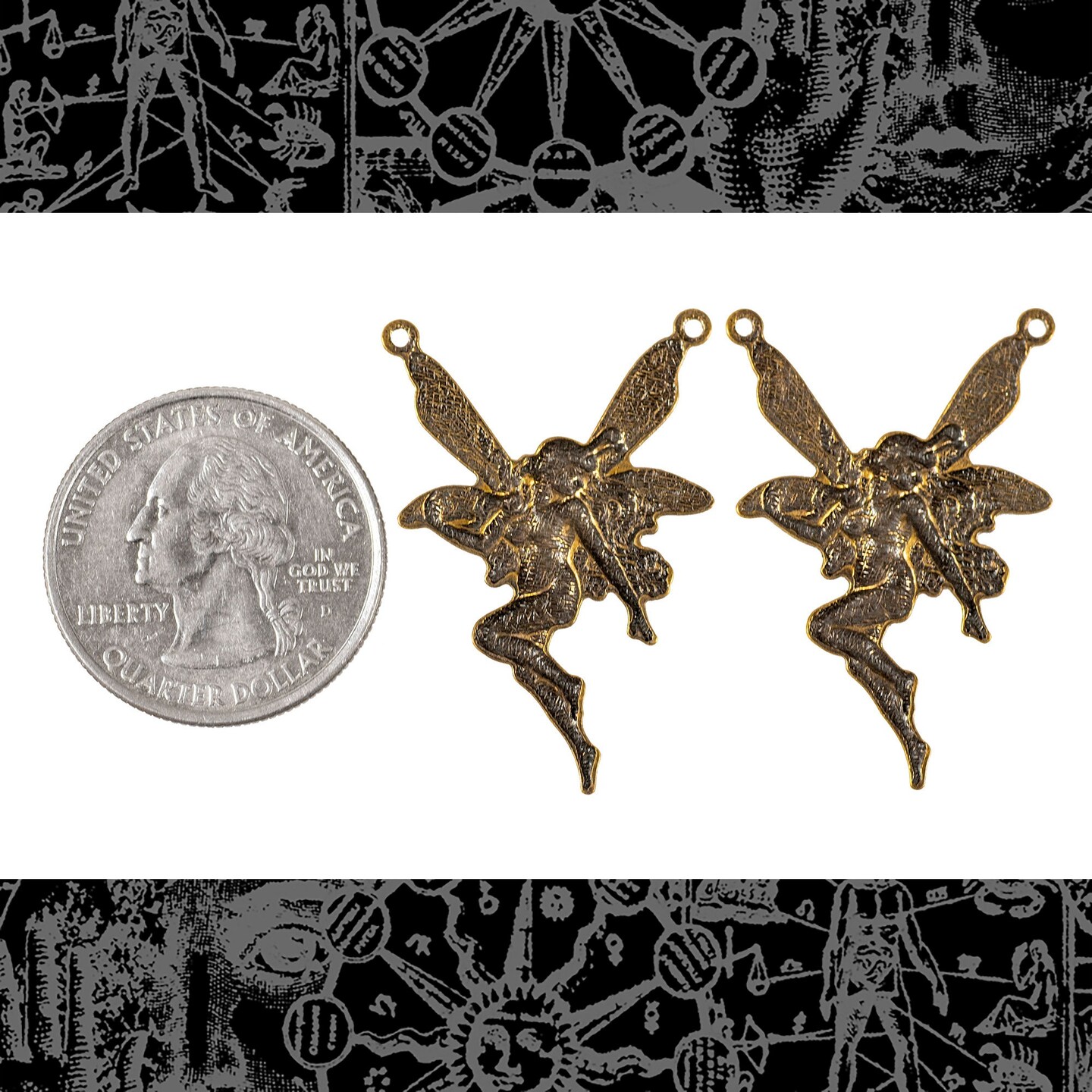 Antiqued Brass Fairy Pendants with Two Rings - Set of Two - AB-P26