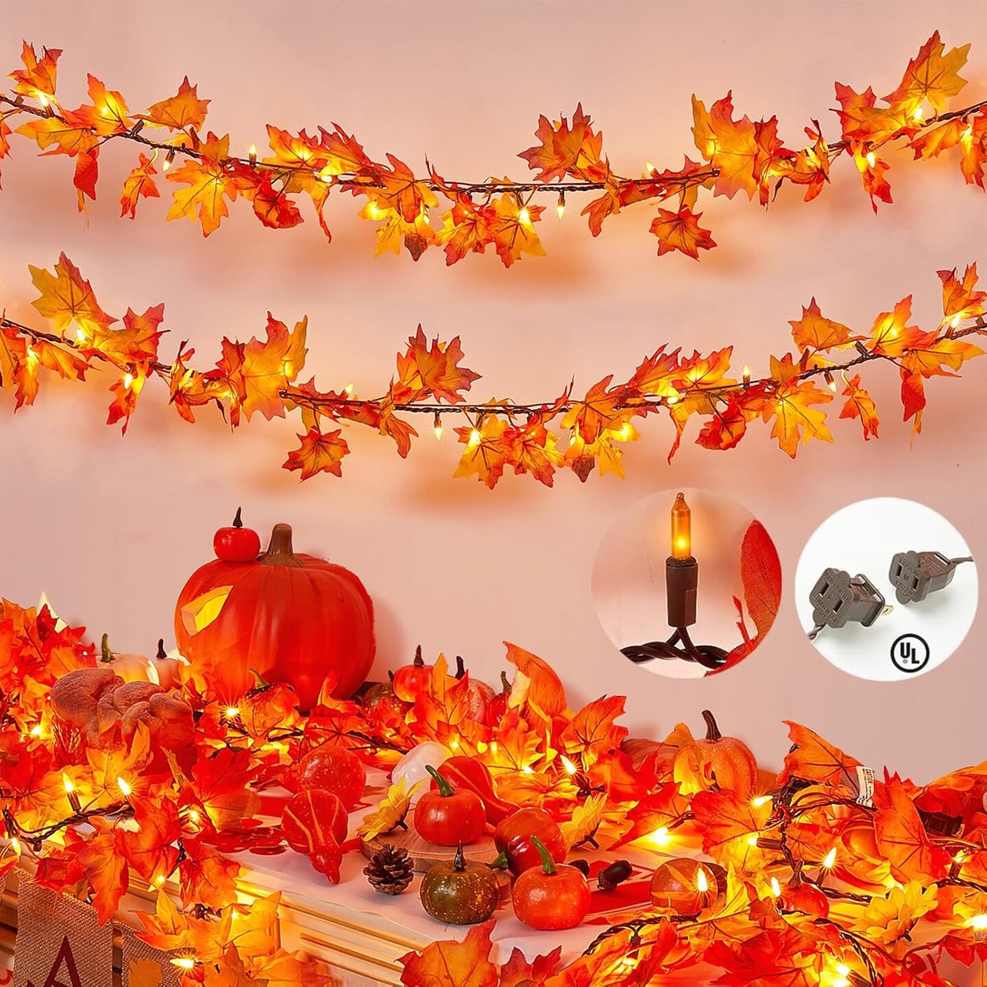 Fall Decorations for Home 9FT Plug in Thanksgiving Lights Lighted Fall Garland 50 Bulbs Maple Leaves Lights