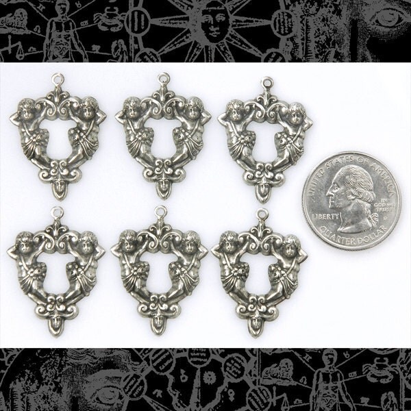 Antiqued Silver Plated Brass Double Cherub Charms - Set of Six - S-C39