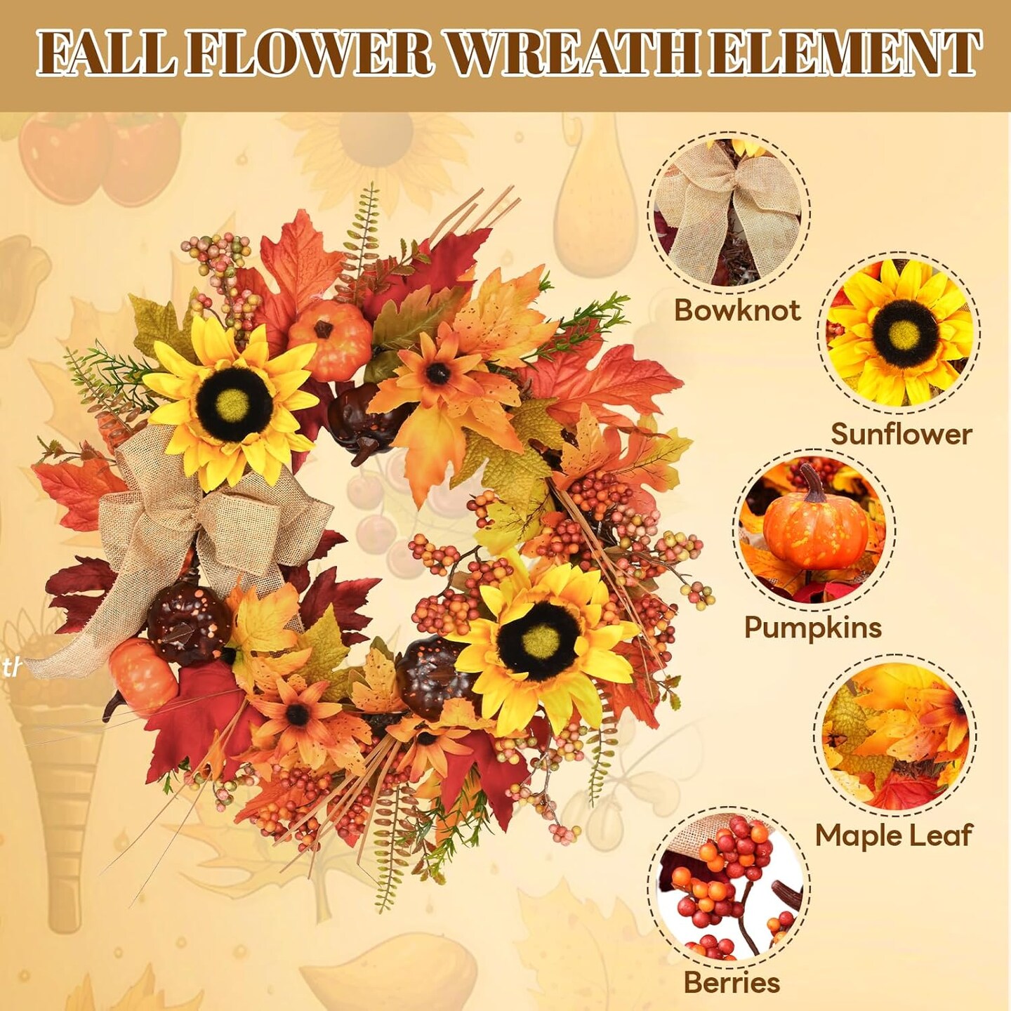 Artificial Autumn Wreath with Lights Maple Leaf Sunflower Wreath Pumpkins, Berries and Burlap Bow for Thanksgiving Home Indoor Outdoor Decoration