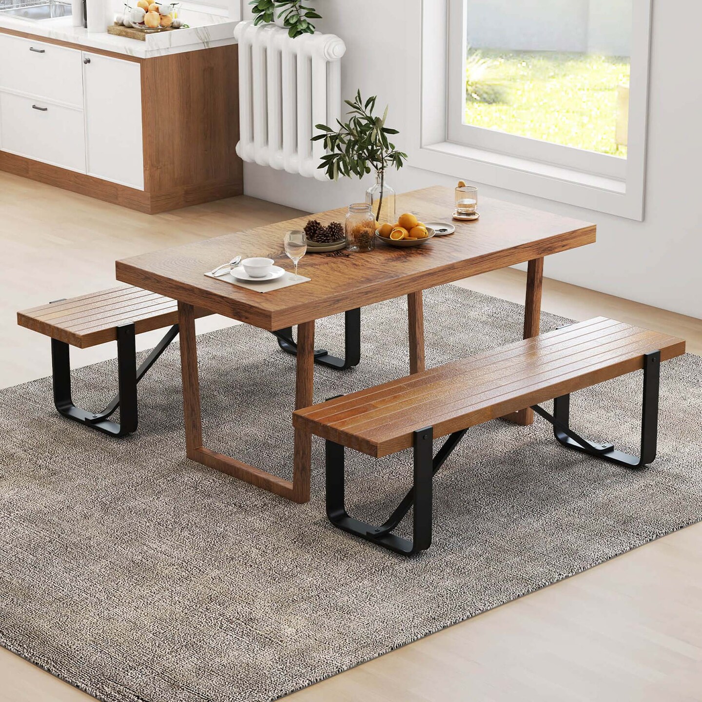 Costway 60" Long Hallway Bench Entryway Bench with Metal Frame Farmhouse Wooden Shoe Rack